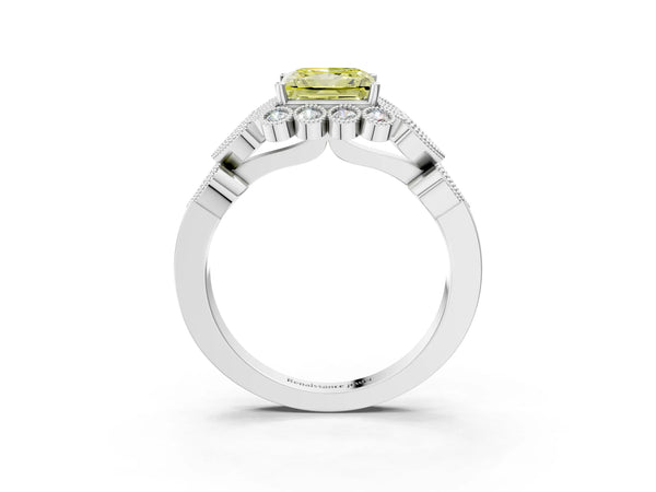 Platinum Fancy Yellow Princess Cut Brilliant Milgrain Pave Heart Band Solitaire Ring