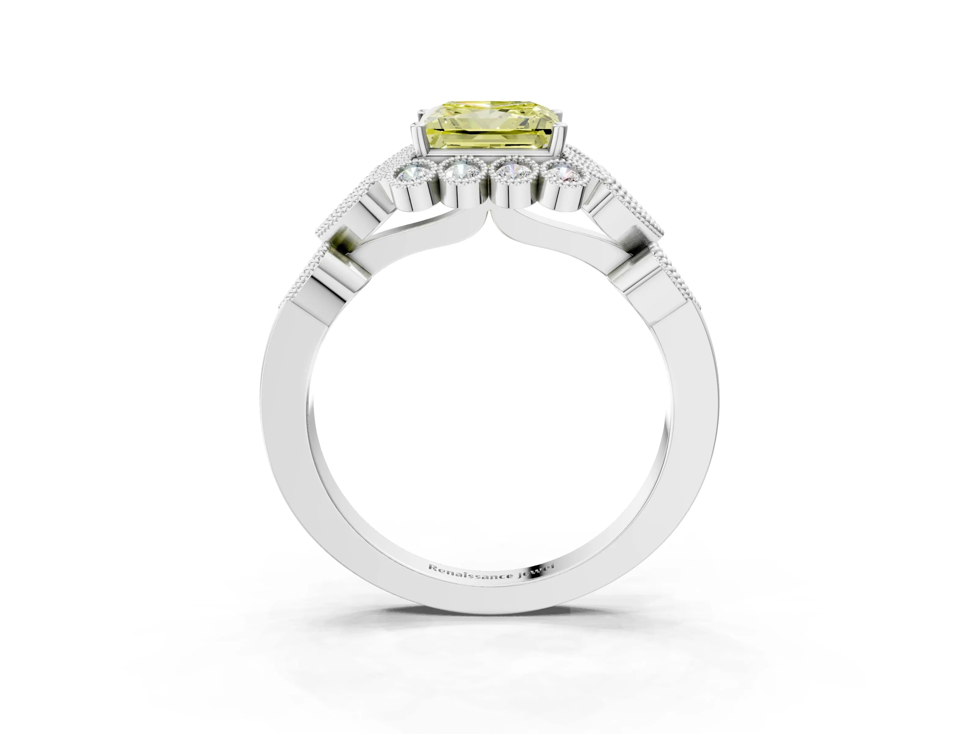 White gold Fancy Yellow Princess Cut Brilliant Milgrain Pave Heart Band Solitaire Ring_3