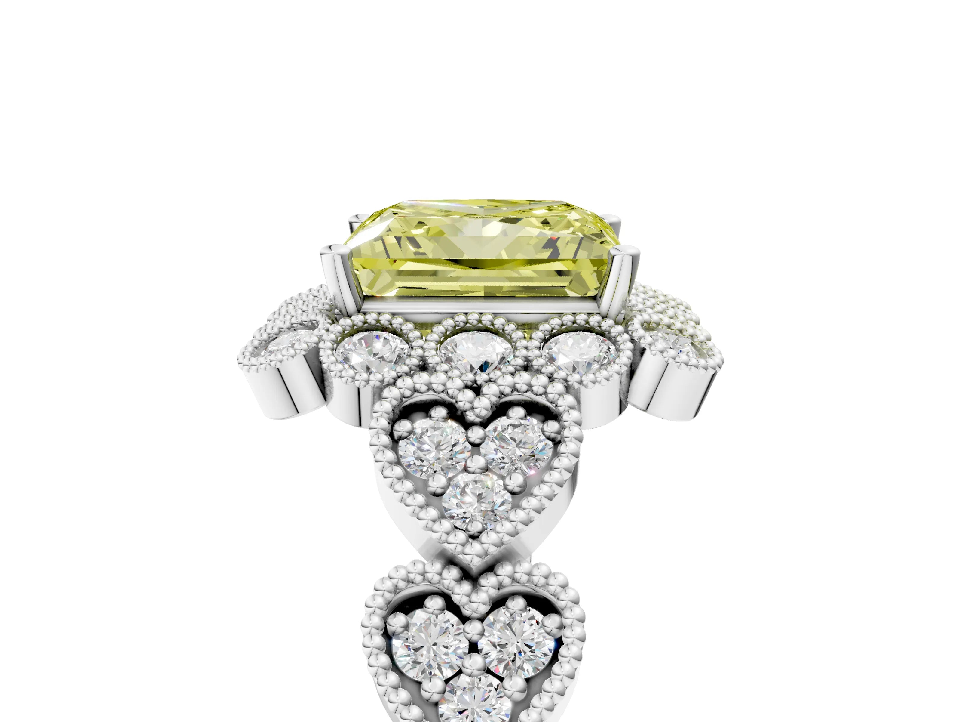 White gold Fancy Yellow Princess Cut Brilliant Milgrain Pave Heart Band Solitaire Ring_5
