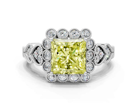 White gold Fancy Yellow Princess Cut Brilliant Milgrain Pave Heart Band Solitaire Ring