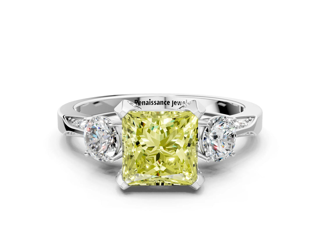 White gold Fancy Yellow Princess Cut Brilliant Three-Stone Diamond Ring with Pavé Band and Four-Prong Setting_15