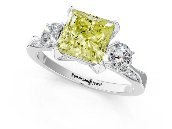 White gold Fancy Yellow Princess Cut Brilliant Three-Stone Diamond Ring with Pavé Band and Four-Prong Setting