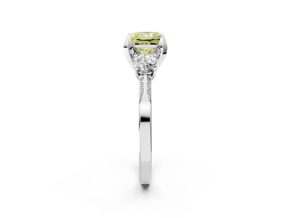 White gold Fancy Yellow Princess Cut Brilliant Three-Stone Diamond Ring with Pavé Band and Four-Prong Setting