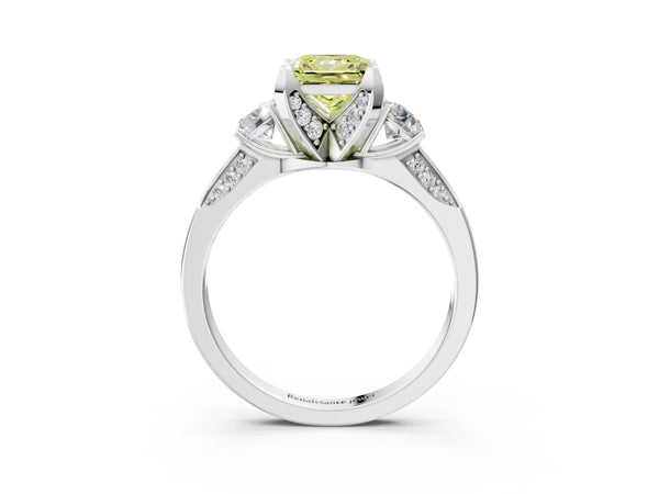 White gold Fancy Yellow Princess Cut Brilliant Three-Stone Diamond Ring with Pavé Band and Four-Prong Setting