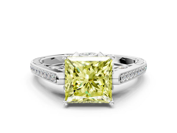White gold Fancy Yellow Princess  Cut Cathedral Pave Diamond Engagement Ring with Six-Prong Setting