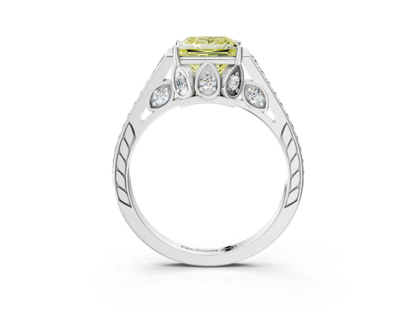 White gold Fancy Yellow Princess  Cut Cathedral Pave Diamond Engagement Ring with Six-Prong Setting