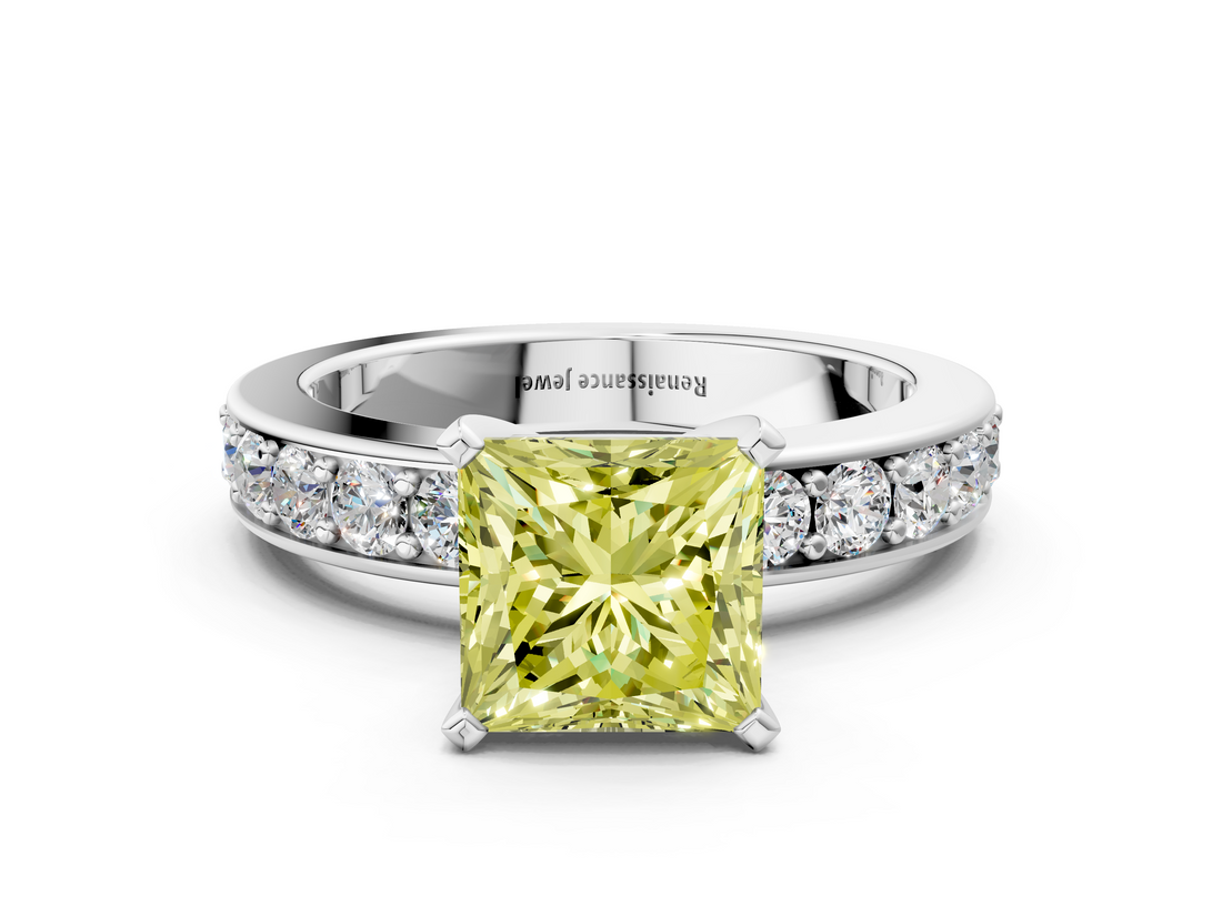 White gold Fancy Yellow Princess  Cut Channel Set Diamond Engagement Ring with Four-Prong Setting