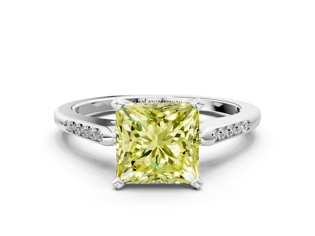 White gold Fancy Yellow Princess  Cut Channel Set Solitaire Engagement Ring with Four-Prong Setting