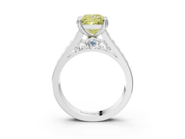 Platinum Princess Cut Channel Set Solitaire Engagement Ring Setting for Fancy Yellow Center with Double Claw Prongs