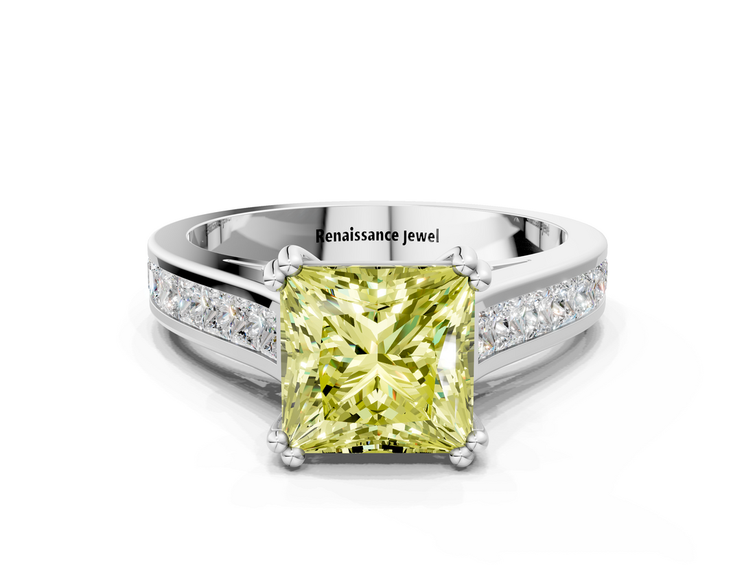 White gold Fancy Yellow Princess  Cut Channel Set Solitaire Engagement Ring with Prong Setting