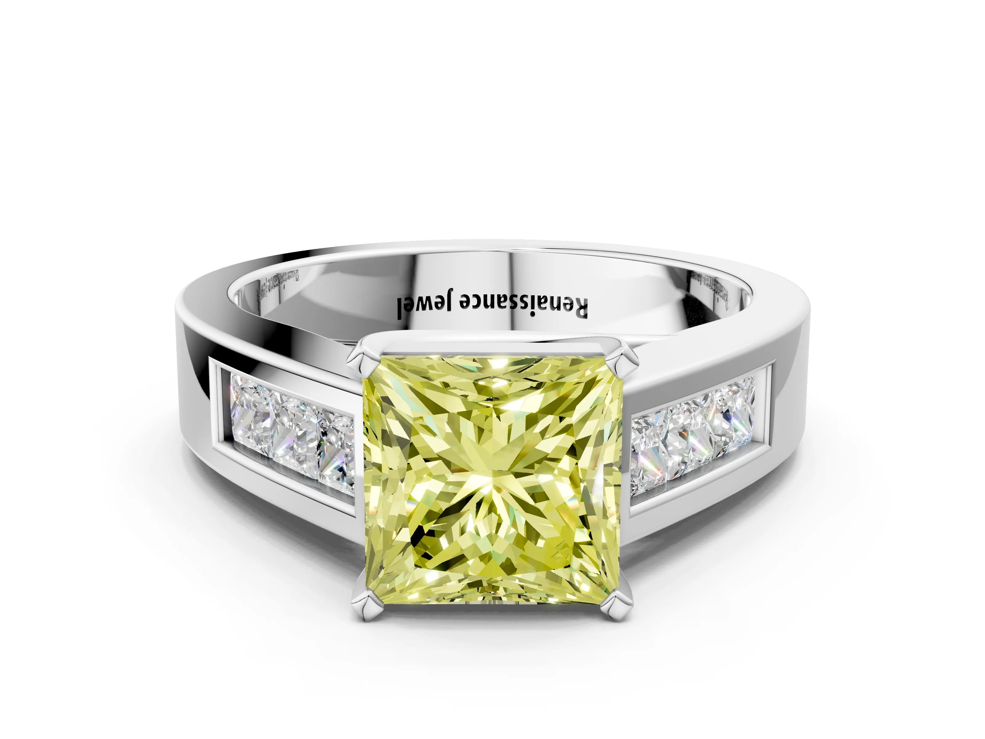 White gold Fancy Yellow Princess Cut Cut Channel Set Solitaire Ring with Four-Prong Setting_12