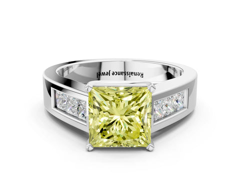 White gold Fancy Yellow Princess Cut Cut Channel Set Solitaire Ring with Four-Prong Setting_12