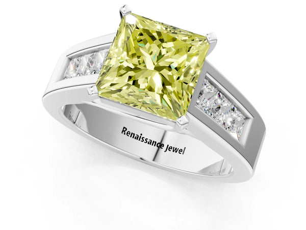 Platinum Fancy Yellow Princess Cut Cut Channel Set Solitaire Ring with Four-Prong Setting