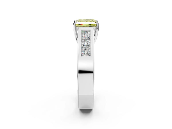 Platinum Fancy Yellow Princess Cut Cut Channel Set Solitaire Ring with Four-Prong Setting