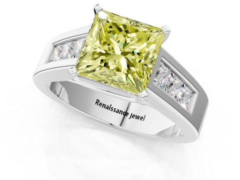 White gold Fancy Yellow Princess Cut Cut Channel Set Solitaire Ring with Four-Prong Setting_1