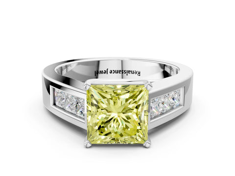 White gold Fancy Yellow Princess Cut Cut Channel Set Solitaire Ring with Four-Prong Setting