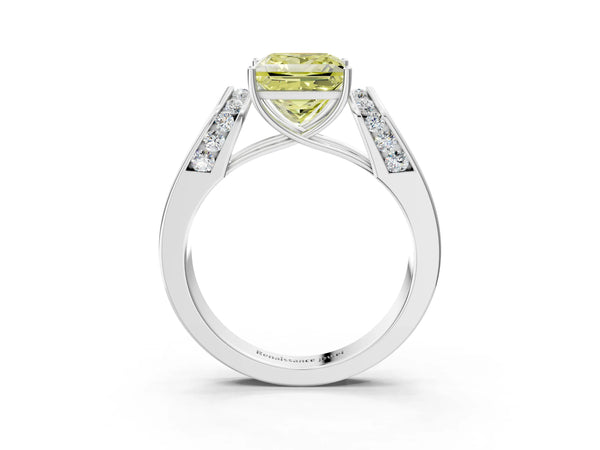 Platinum Fancy Yellow Princess Cut Cut Diamond Channel Set Solitaire Ring with Four-Prong Setting