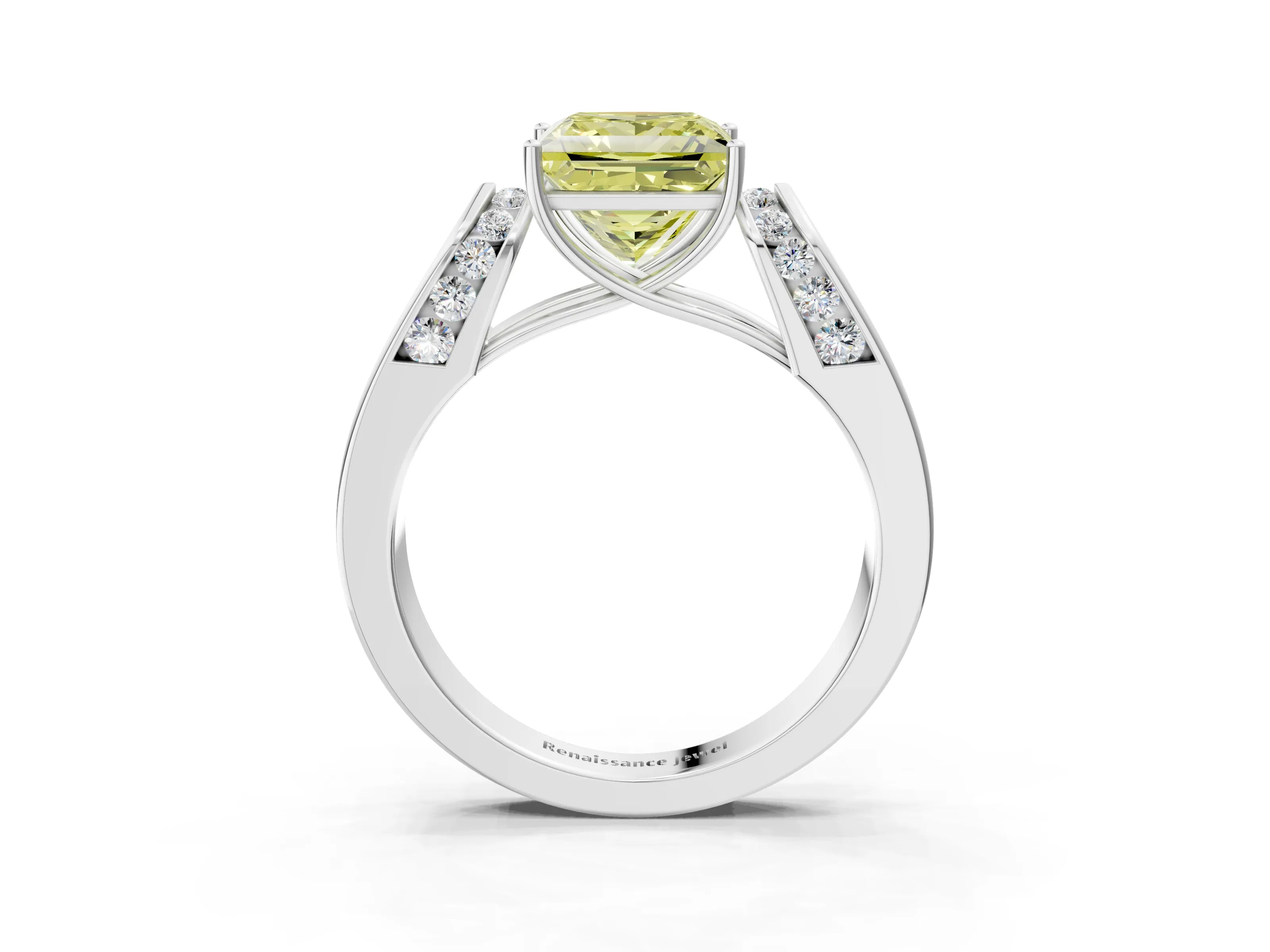 White gold Fancy Yellow Princess Cut Cut Diamond Channel Set Solitaire Ring with Four-Prong Setting_3