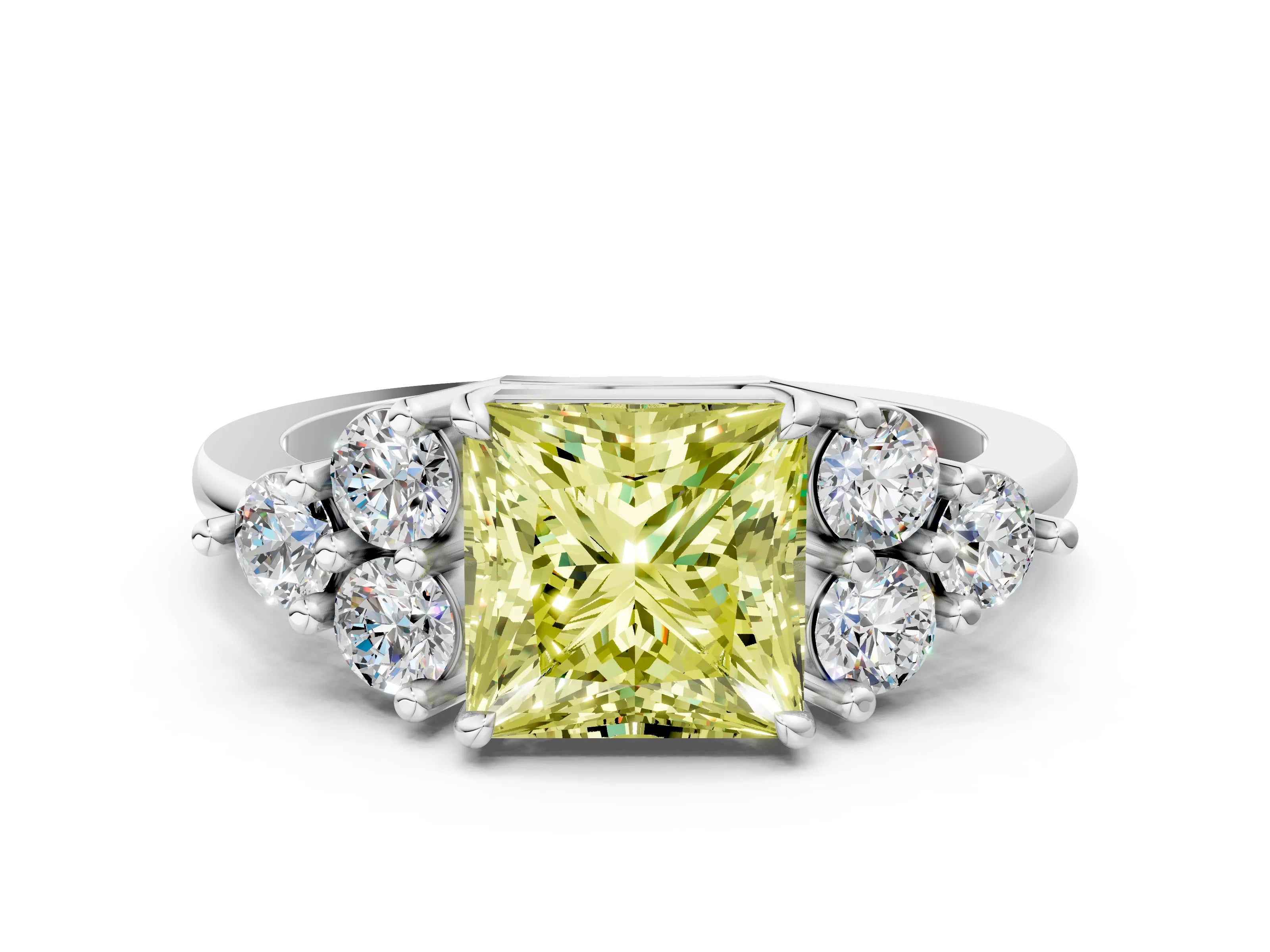 White gold Fancy Yellow Princess Cut Cut Diamond Cluster Ring with Solitaire Band and Four-Prong Setting