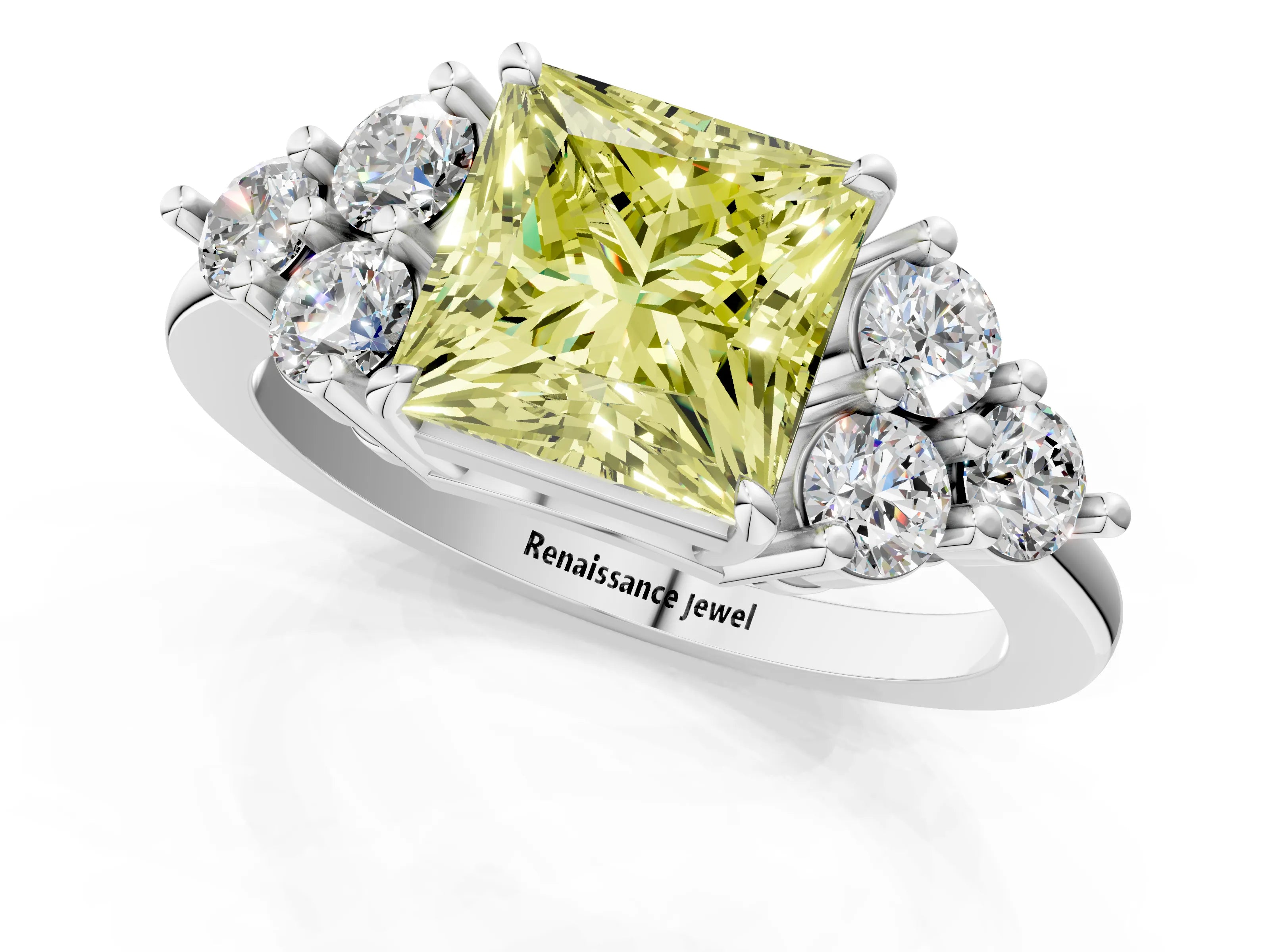 White gold Fancy Yellow Princess Cut Cut Diamond Cluster Ring with Solitaire Band and Four-Prong Setting_1