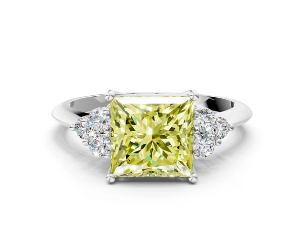 White Gold Princess Cut Cluster Accent Engagement Ring Setting for Fancy Yellow Center