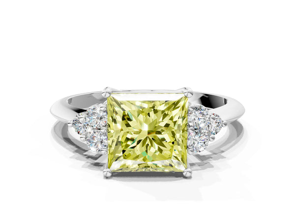 Platinum Fancy Yellow Princess Cut Cut Diamond Cluster Ring with Solitaire Band and Four-Prong Setting