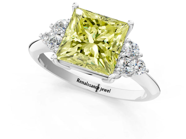 Platinum Fancy Yellow Princess Cut Cut Diamond Cluster Ring with Solitaire Band and Four-Prong Setting