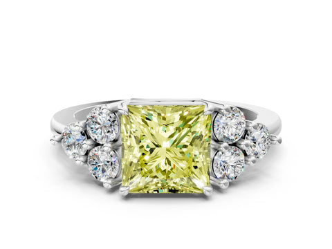 White gold Fancy Yellow Princess Cut Cut Diamond Cluster Ring with Solitaire Band and Four-Prong Setting