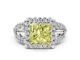 White gold Fancy Yellow Princess Cut Cut Diamond Halo Engagement Ring with Open Split Pavé Band