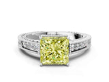White gold Fancy Yellow Princess Cut Cut Diamond Milgrain Pave Band Four-Prong Setting Ring_15
