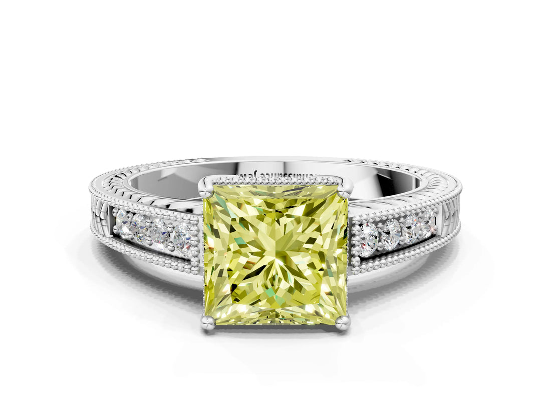 White gold Fancy Yellow Princess Cut Cut Diamond Milgrain Pave Band Four-Prong Setting Ring_15