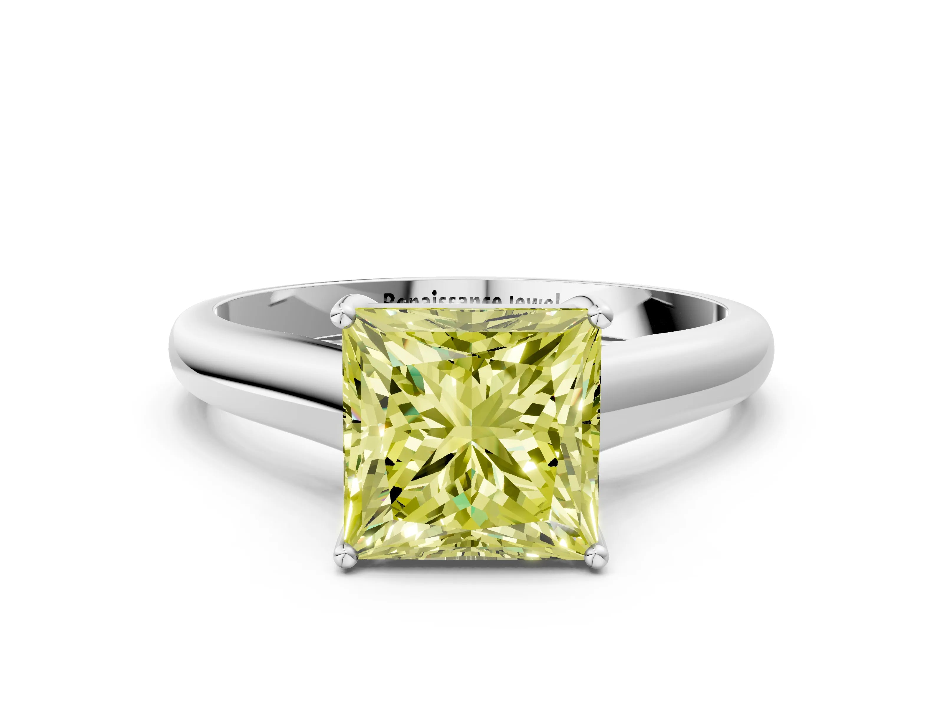 White gold Fancy Yellow Princess Cut Cut Diamond Solitaire Engagement Ring with Tapered Plain Band and Four-Prong Setting_12