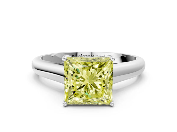 Platinum Fancy Yellow Princess Cut Cut Diamond Solitaire Engagement Ring with Tapered Plain Band and Four-Prong Setting
