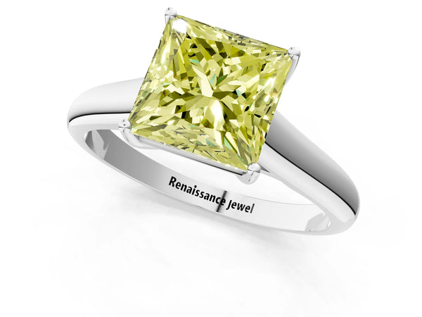 Platinum Fancy Yellow Princess Cut Cut Diamond Solitaire Engagement Ring with Tapered Plain Band and Four-Prong Setting