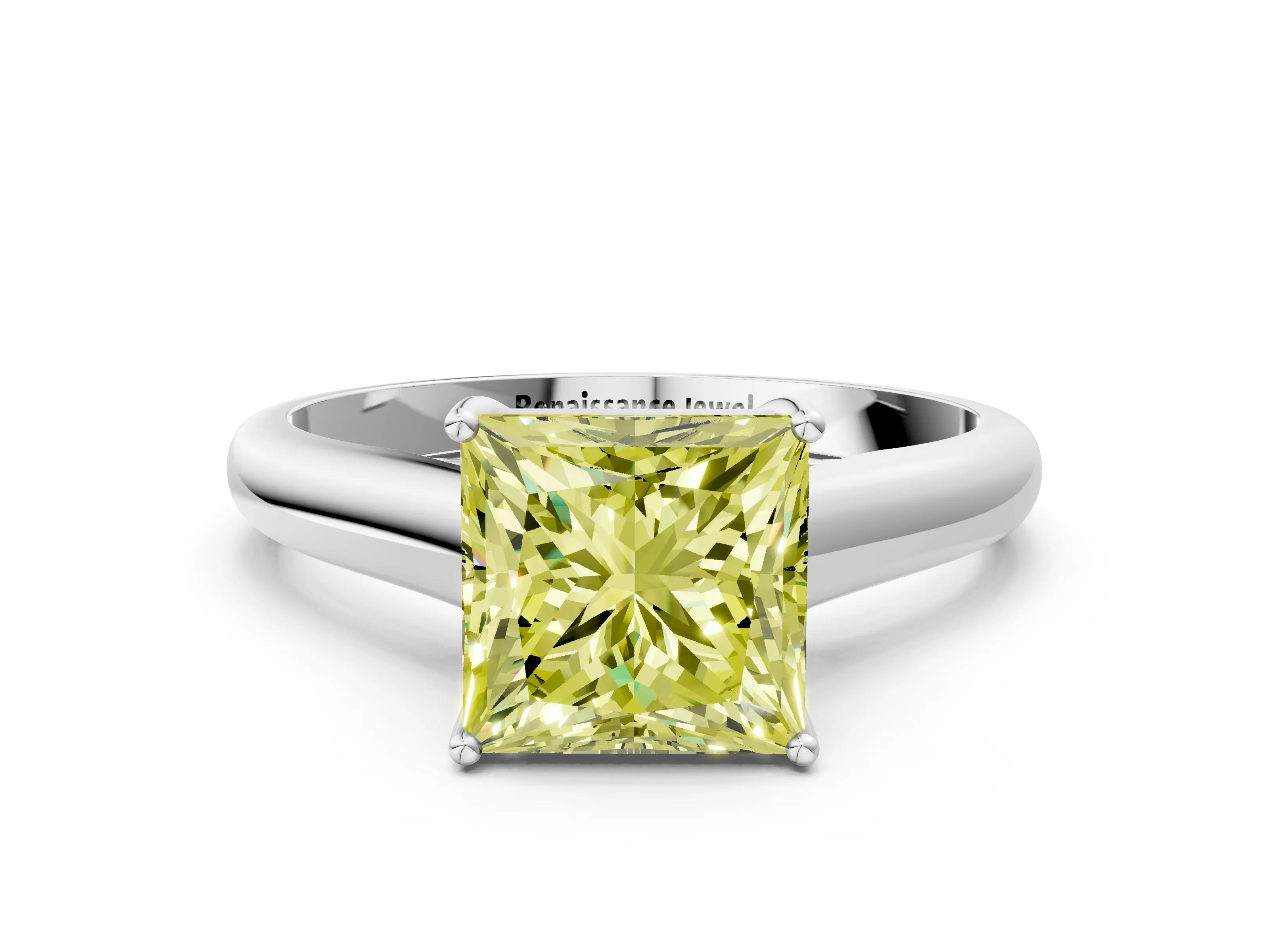 White gold Fancy Yellow Princess Cut Cut Diamond Solitaire Engagement Ring with Tapered Plain Band and Four-Prong Setting
