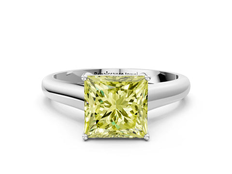 White gold Fancy Yellow Princess Cut Cut Diamond Solitaire Engagement Ring with Tapered Plain Band and Four-Prong Setting