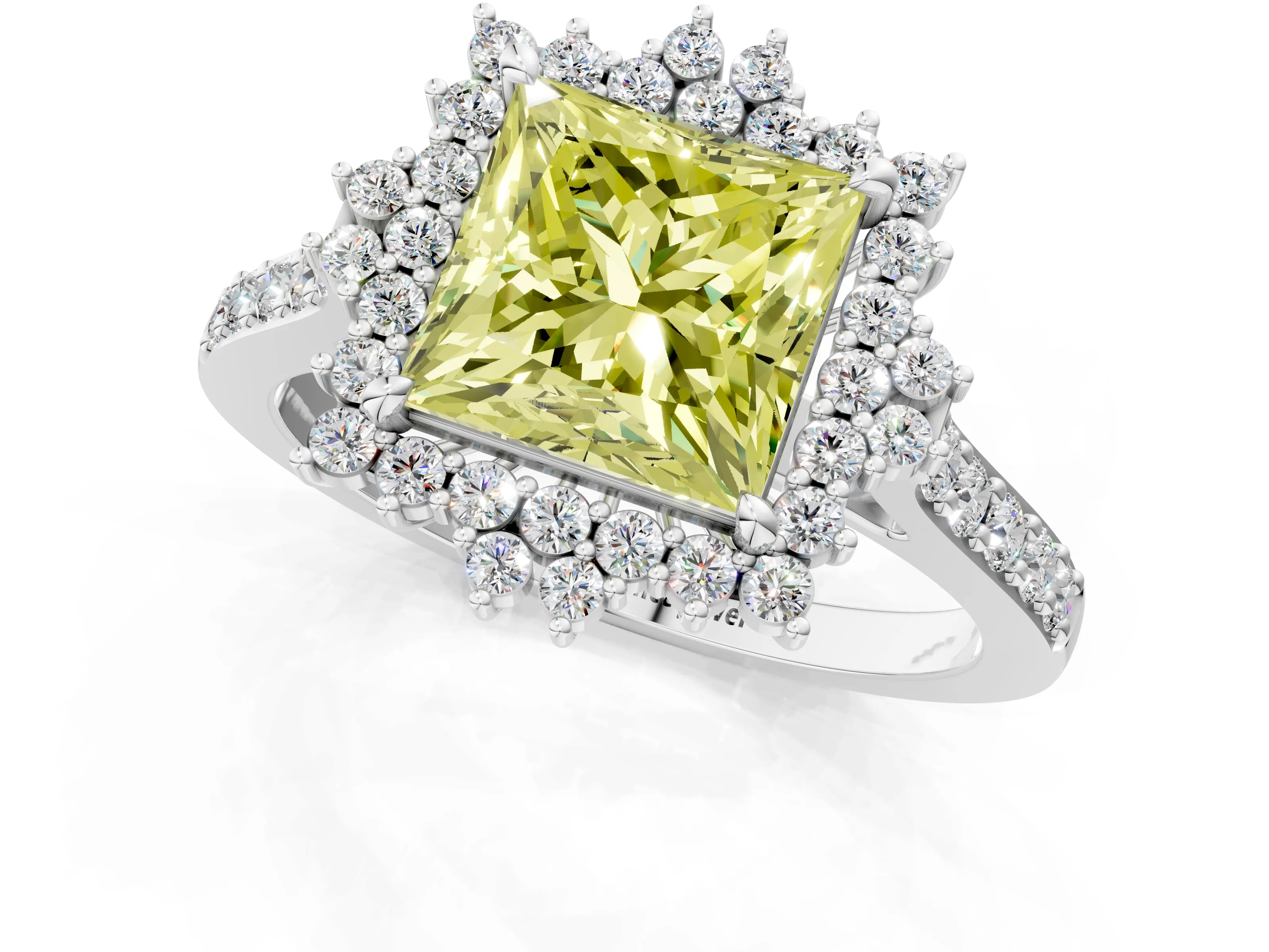 White gold Fancy Yellow Princess Cut Cut Diamond Sunburst Halo Engagement Ring with Pavé Band_13