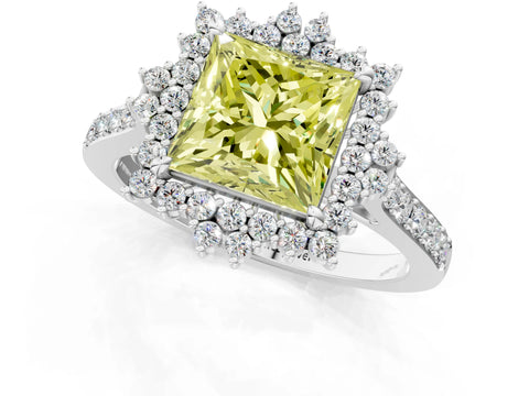 White gold Fancy Yellow Princess Cut Cut Diamond Sunburst Halo Engagement Ring with Pavé Band_13