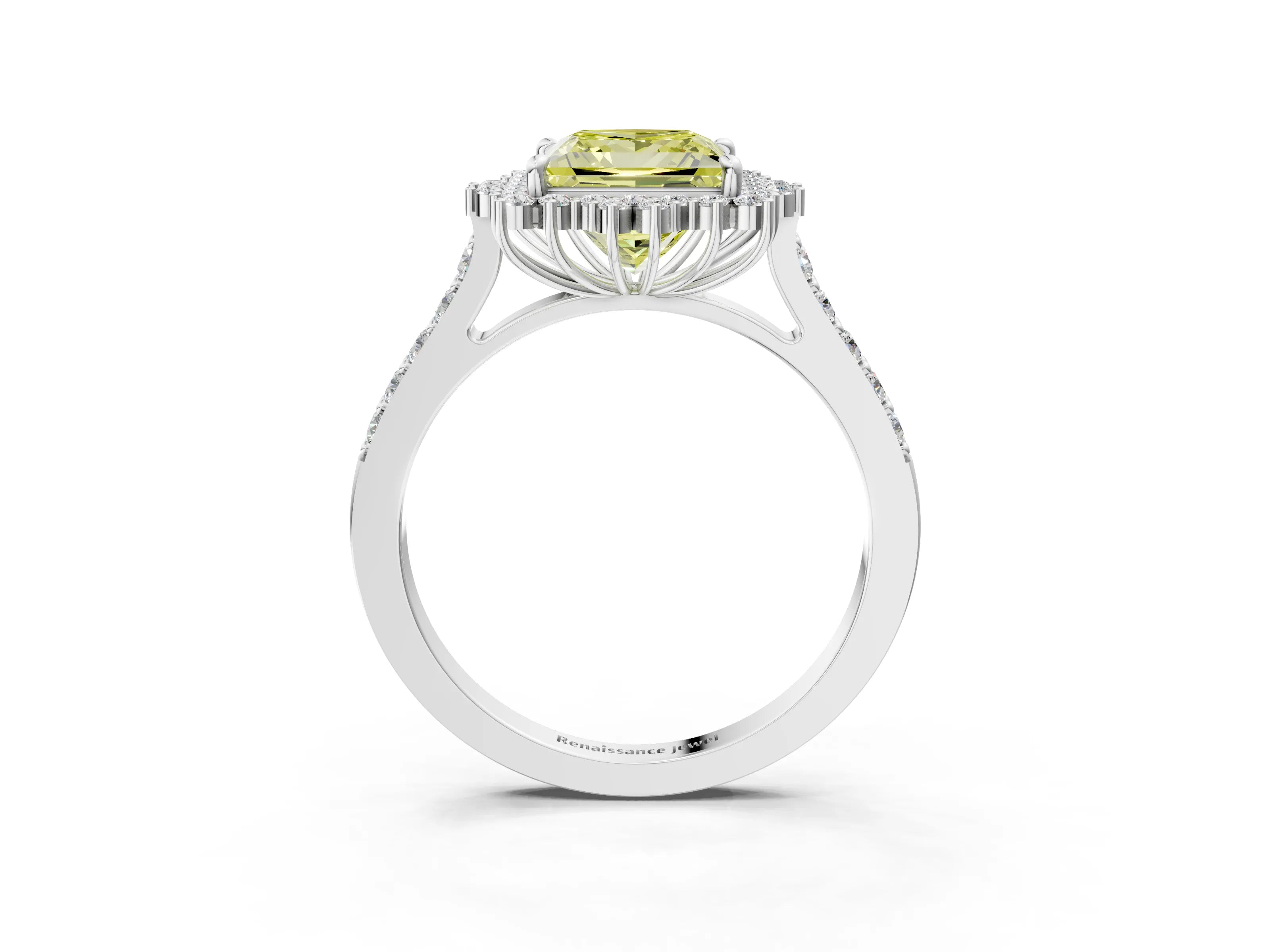 White gold Fancy Yellow Princess Cut Cut Diamond Sunburst Halo Engagement Ring with Pavé Band_15