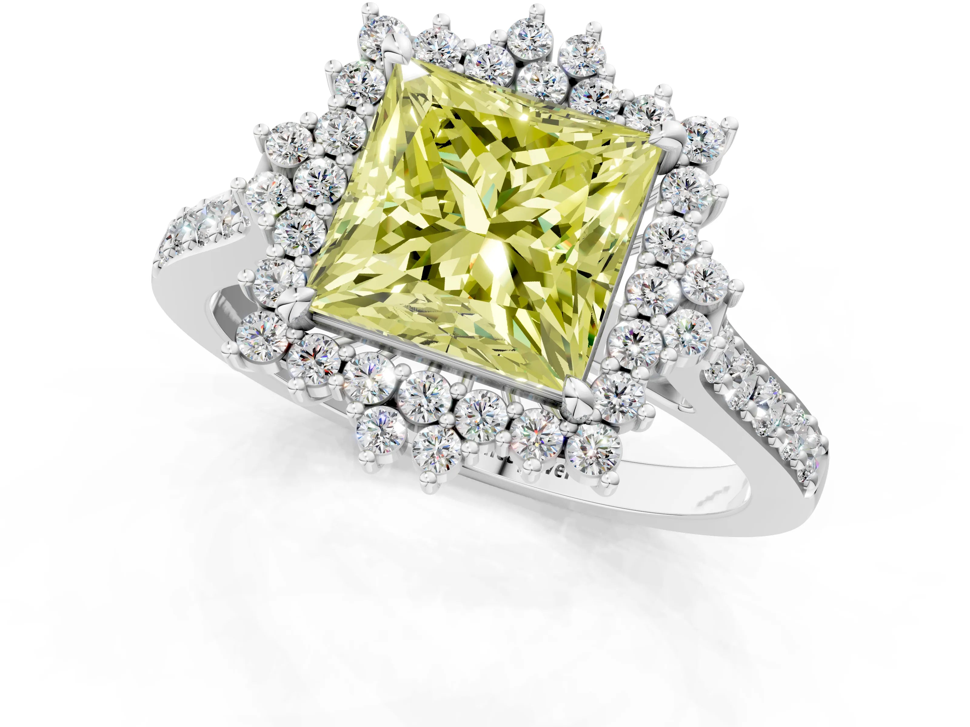 White gold Fancy Yellow Princess Cut Cut Diamond Sunburst Halo Engagement Ring with Pavé Band_1