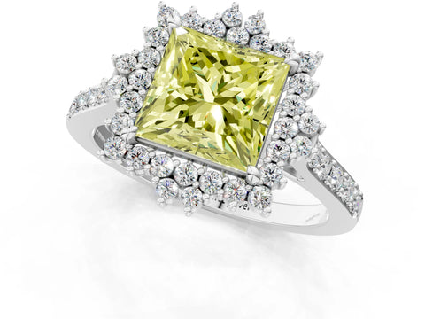 White gold Fancy Yellow Princess Cut Cut Diamond Sunburst Halo Engagement Ring with Pavé Band_1