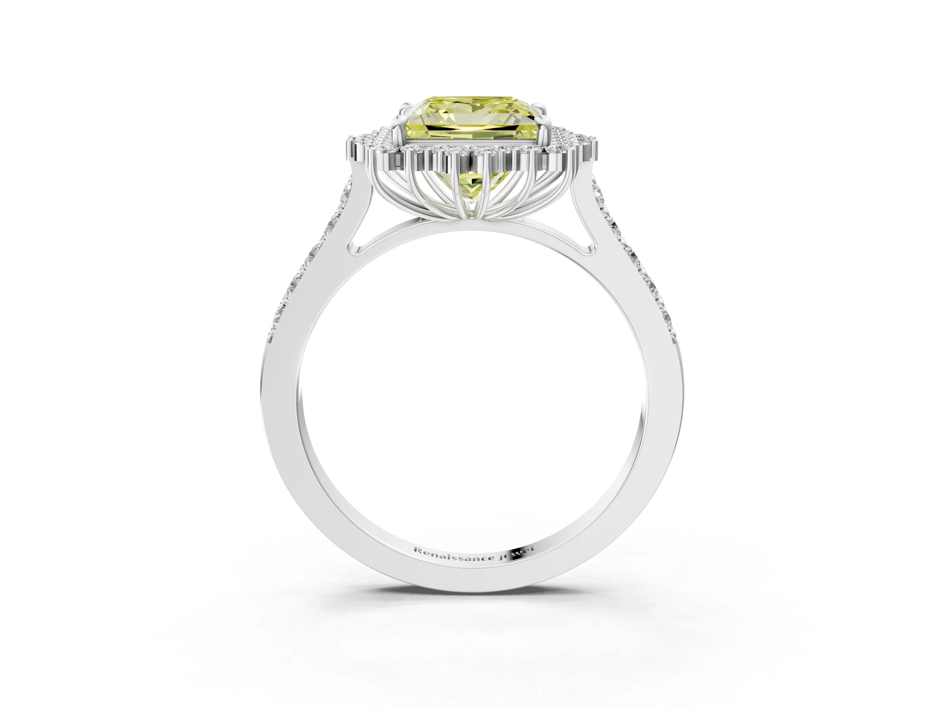 White gold Fancy Yellow Princess Cut Cut Diamond Sunburst Halo Engagement Ring with Pavé Band_3