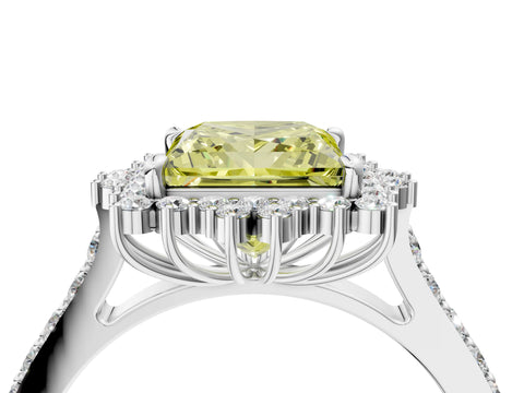 White gold Fancy Yellow Princess Cut Cut Diamond Sunburst Halo Engagement Ring with Pavé Band_4
