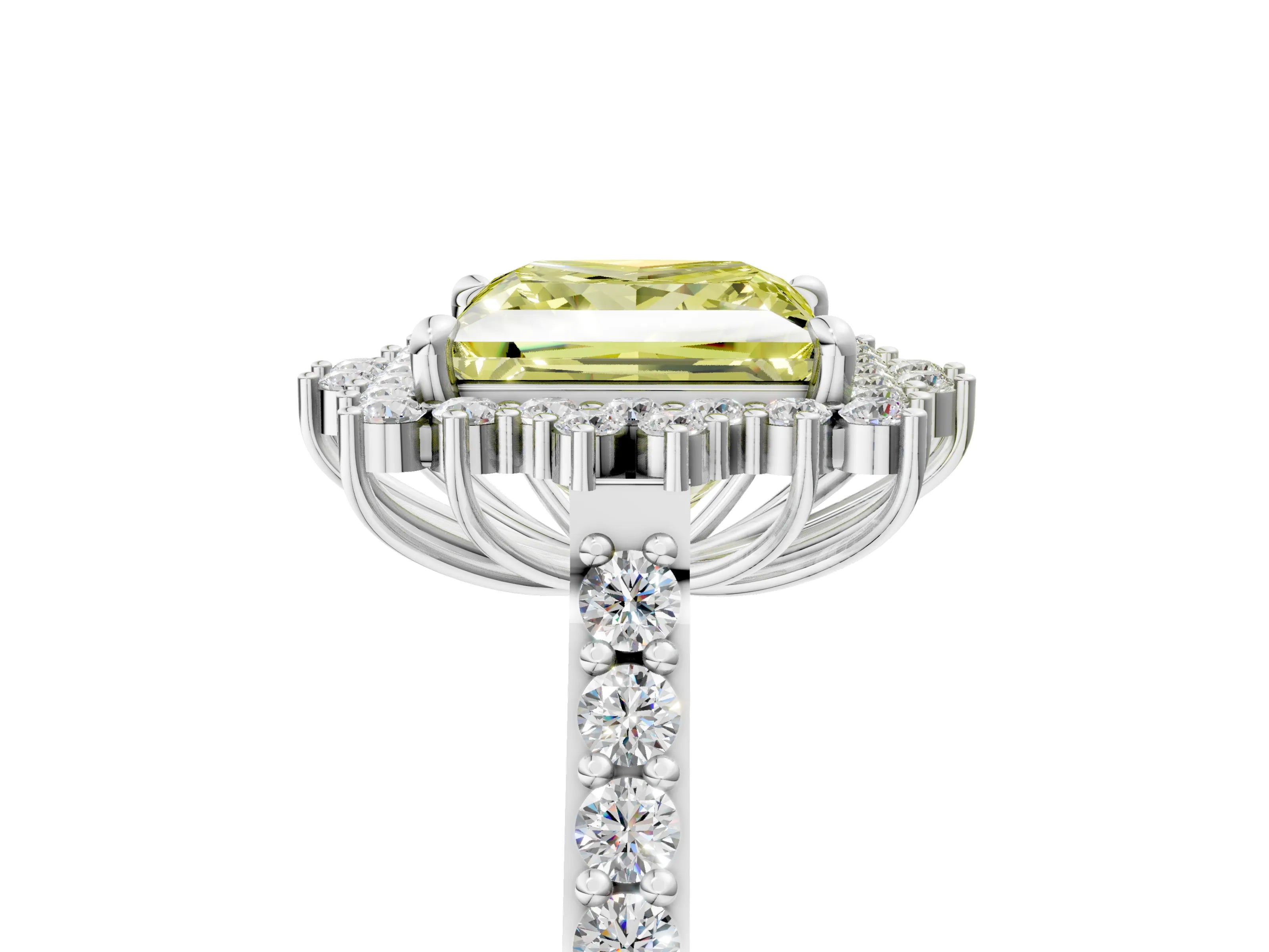 White gold Fancy Yellow Princess Cut Cut Diamond Sunburst Halo Engagement Ring with Pavé Band_5