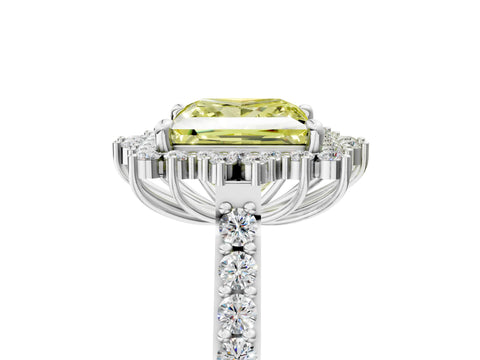 White gold Fancy Yellow Princess Cut Cut Diamond Sunburst Halo Engagement Ring with Pavé Band_5