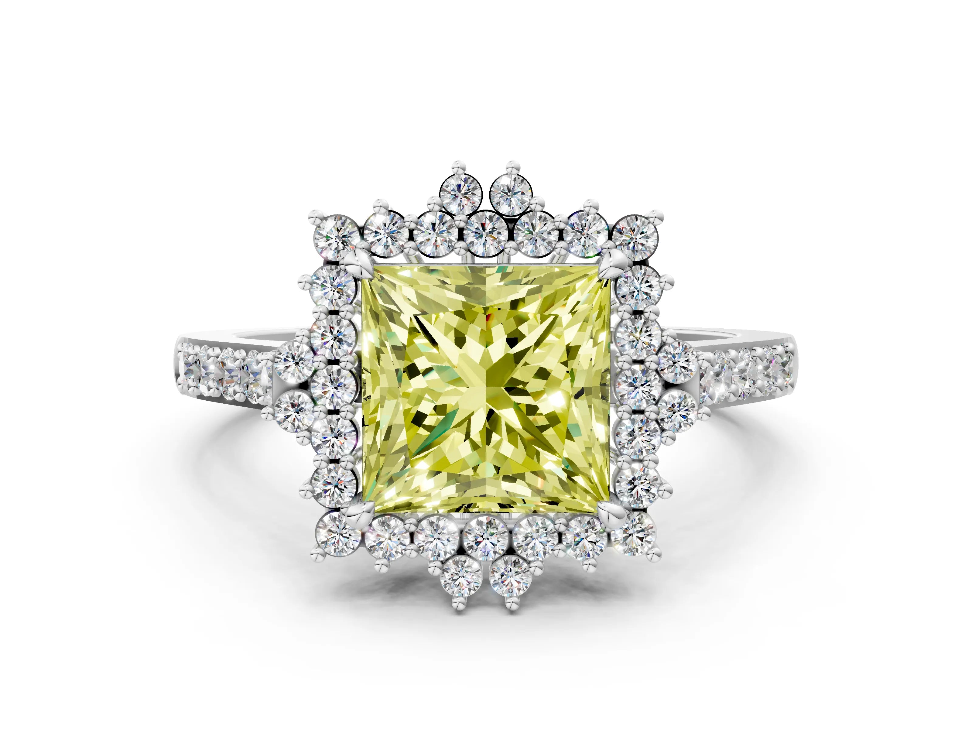 White gold Fancy Yellow Princess Cut Cut Diamond Sunburst Halo Engagement Ring with Pavé Band