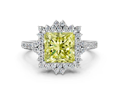 White gold Fancy Yellow Princess Cut Cut Diamond Sunburst Halo Engagement Ring with Pavé Band