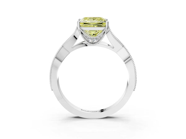 Platinum Fancy Yellow Princess Cut Cut Diamond Twisted Band with Milgrain Pave Setting and Four-Prong Setting