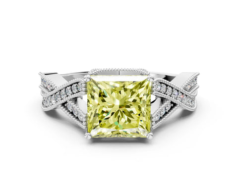 White gold Fancy Yellow Princess Cut Cut Diamond Twisted Band with Milgrain Pave Setting and Four-Prong Setting_12