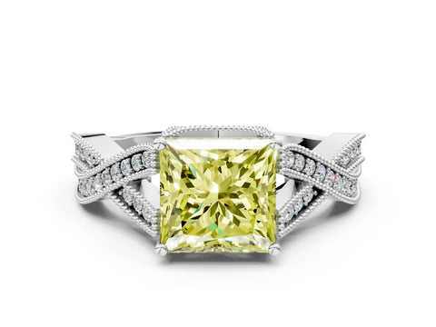 White gold Fancy Yellow Princess Cut Cut Diamond Twisted Band with Milgrain Pave Setting and Four-Prong Setting_12